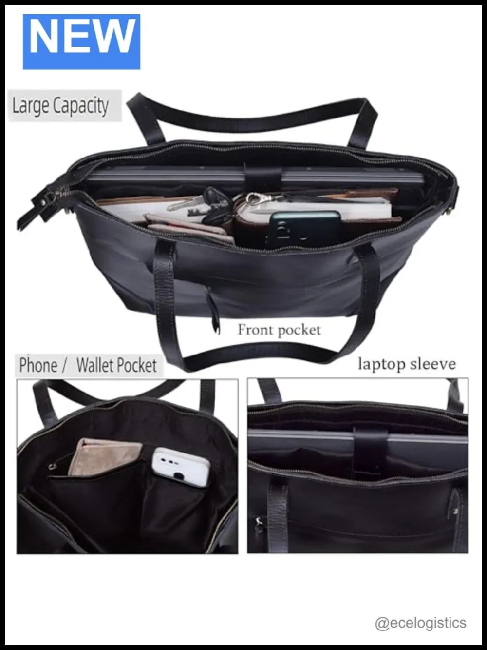 Genuine Leather Tote Bag with Laptop Compartment Shoulder Work Handbag